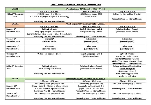 Year 11 Mock Exam Timetable