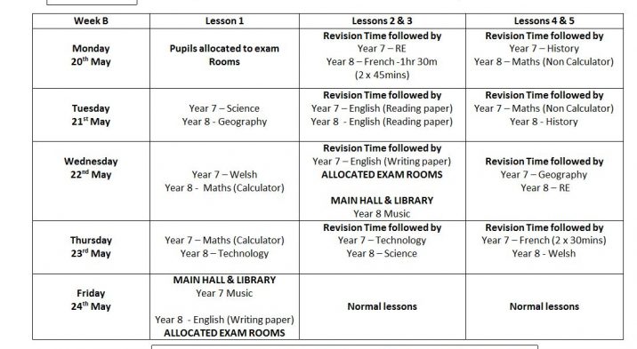 St John Lloyd Catholic Comprehensive School | Year 7 and 8 exam timetable